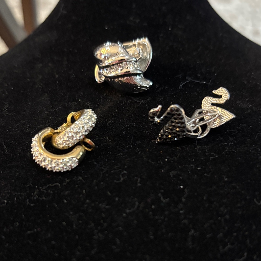 Crystal CLIP-ONS - Gold Hoops,Black Swan, and Silver Pave Earrings
